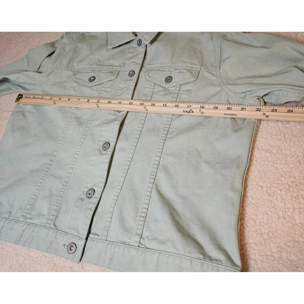 Eddie Bauer Womens L Light Green Denim Jacket Cotton Button Front Casual Trucker